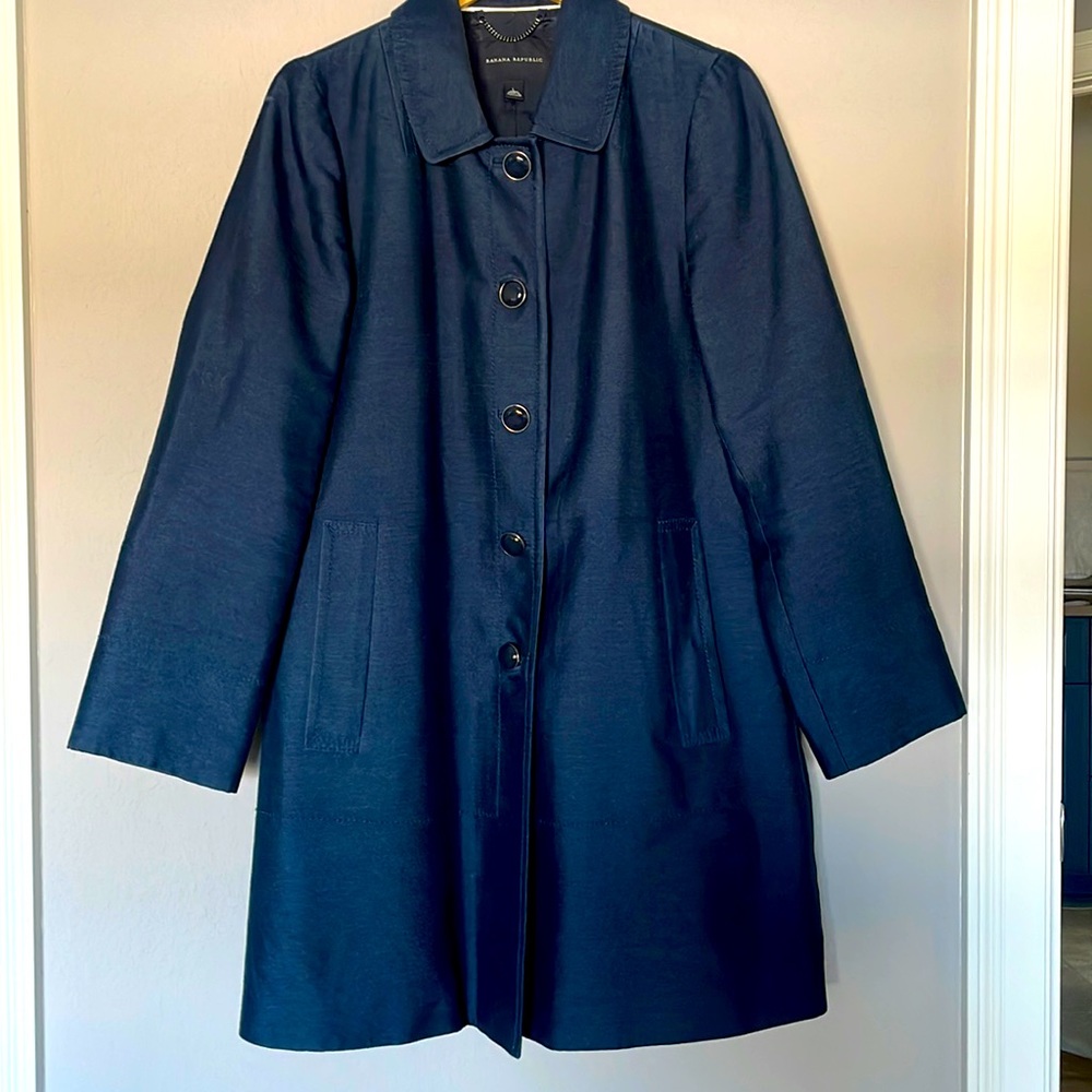 Banana Republic mid-length navy coat with navy/silver buttons